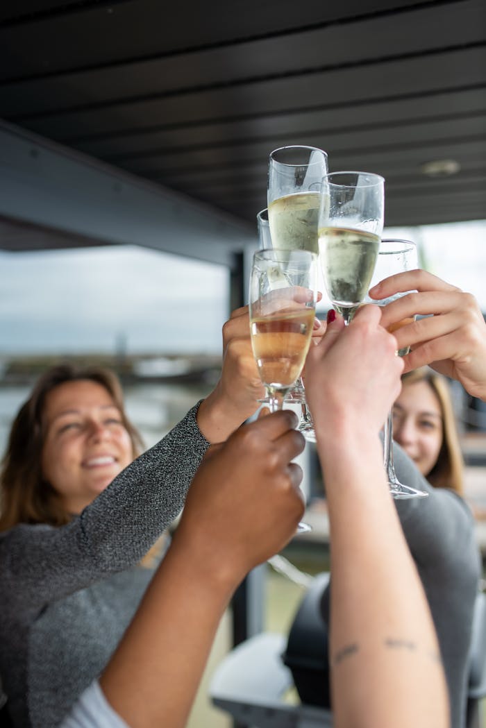 Group of friends clinking champagne glasses in an outdoor celebration.